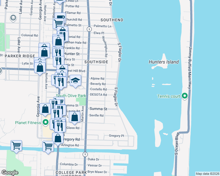 map of restaurants, bars, coffee shops, grocery stores, and more near 127 Desota Road in West Palm Beach