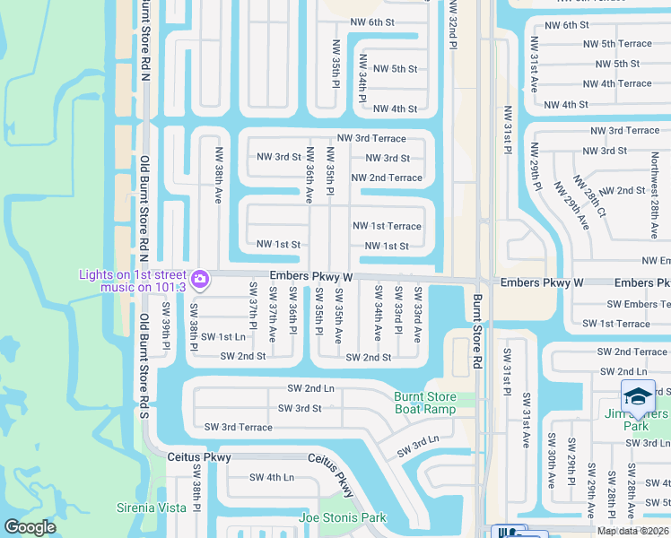 map of restaurants, bars, coffee shops, grocery stores, and more near 1 Northwest 35th Place in Cape Coral