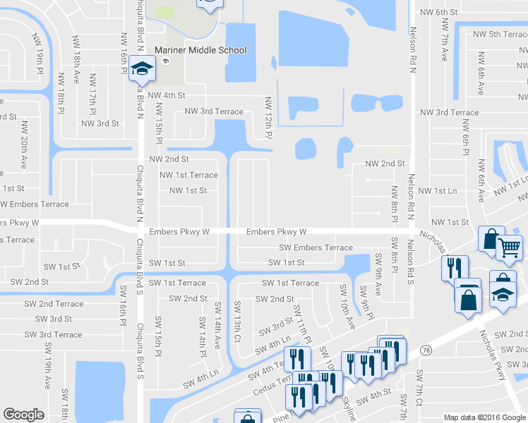 map of restaurants, bars, coffee shops, grocery stores, and more near 25 Northwest 12th Place in Cape Coral
