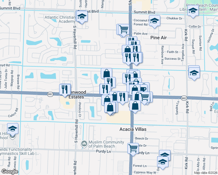 map of restaurants, bars, coffee shops, grocery stores, and more near 4741 Sunset Ranch Road in West Palm Beach