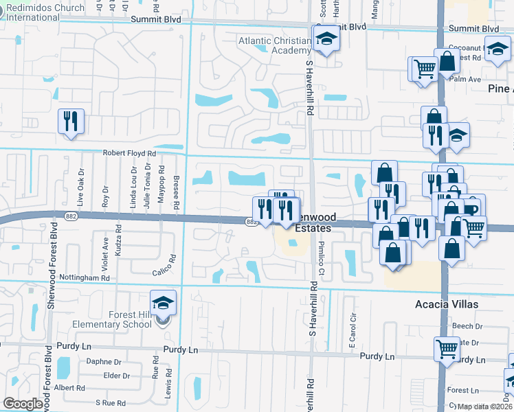 map of restaurants, bars, coffee shops, grocery stores, and more near 5277 Mendoza Street in West Palm Beach