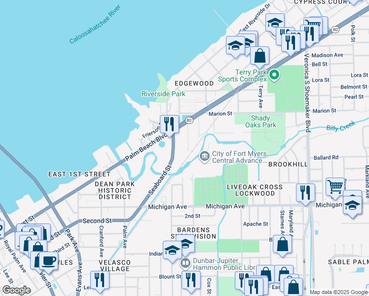 map of restaurants, bars, coffee shops, grocery stores, and more near 1280 Williams Street in Fort Myers