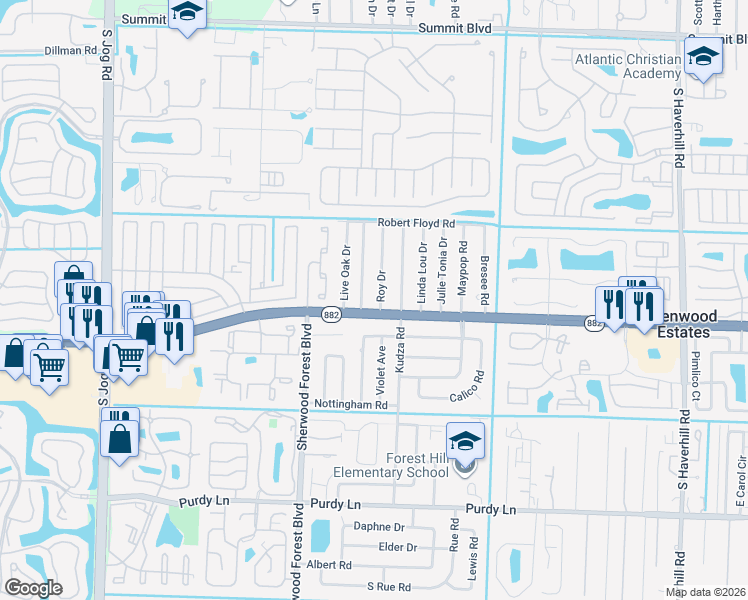 map of restaurants, bars, coffee shops, grocery stores, and more near 1713 Roy Drive in West Palm Beach