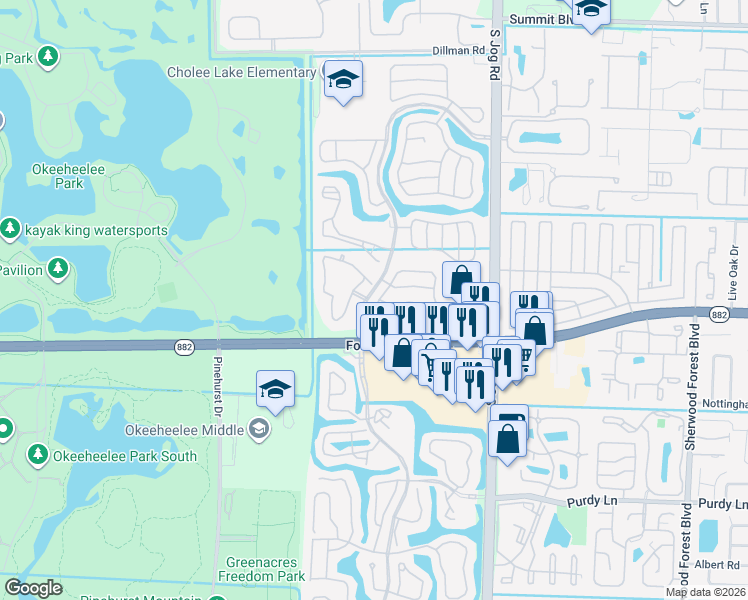 map of restaurants, bars, coffee shops, grocery stores, and more near 1708 Sawgrass Circle in Greenacres