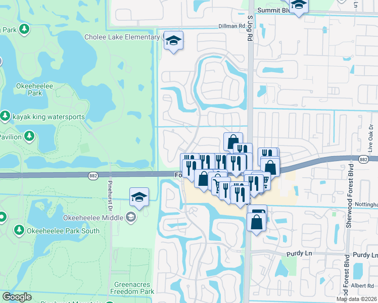 map of restaurants, bars, coffee shops, grocery stores, and more near 1708 Sawgrass Circle in Greenacres