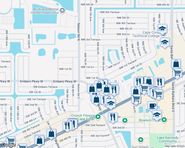 map of restaurants, bars, coffee shops, grocery stores, and more near 632 Northwest 1st Lane in Cape Coral