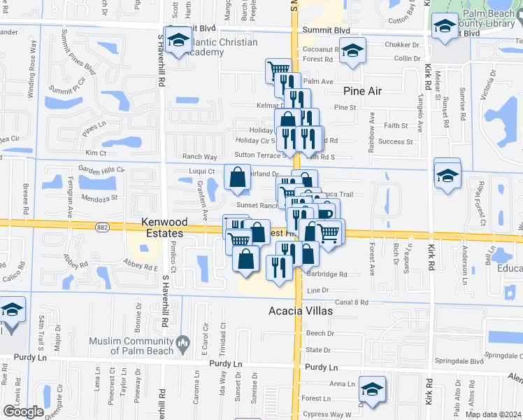 map of restaurants, bars, coffee shops, grocery stores, and more near 4638 Sunset Ranch Road in West Palm Beach