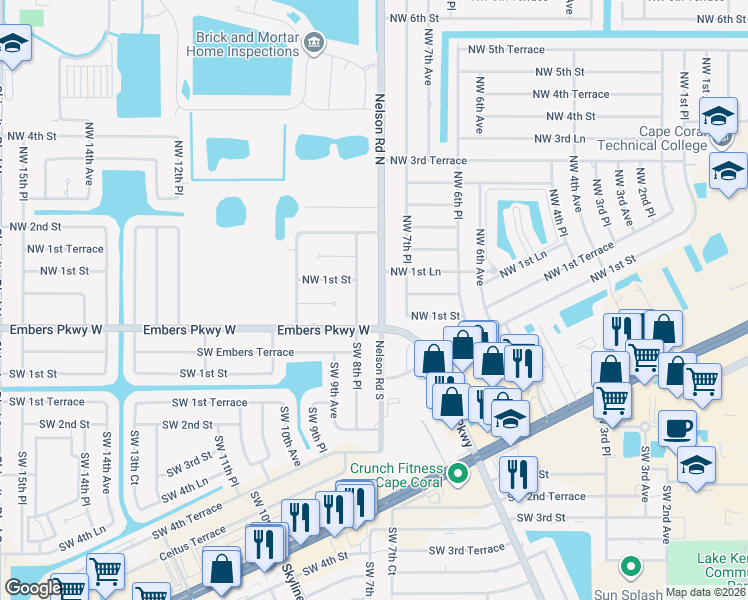 map of restaurants, bars, coffee shops, grocery stores, and more near 27 Northwest 8th Place in Cape Coral