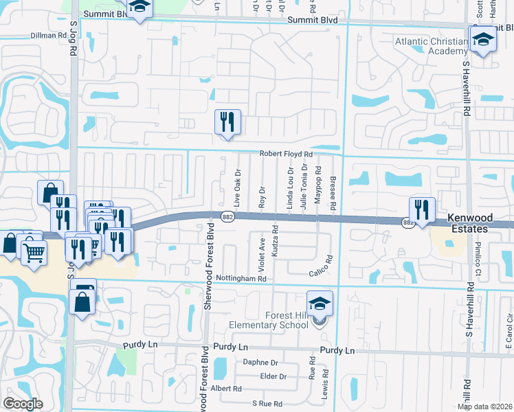 map of restaurants, bars, coffee shops, grocery stores, and more near 1713 Roy Drive in West Palm Beach