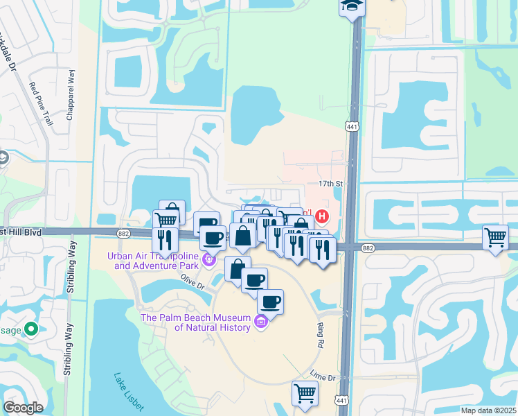 map of restaurants, bars, coffee shops, grocery stores, and more near 1950 Polo Lake Boulevard in Wellington