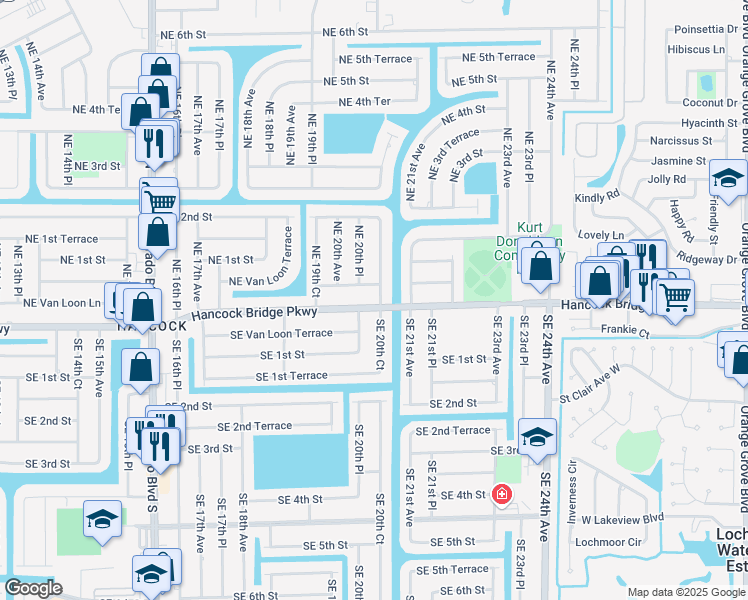 map of restaurants, bars, coffee shops, grocery stores, and more near 2019 Hancock Bridge Parkway in Cape Coral