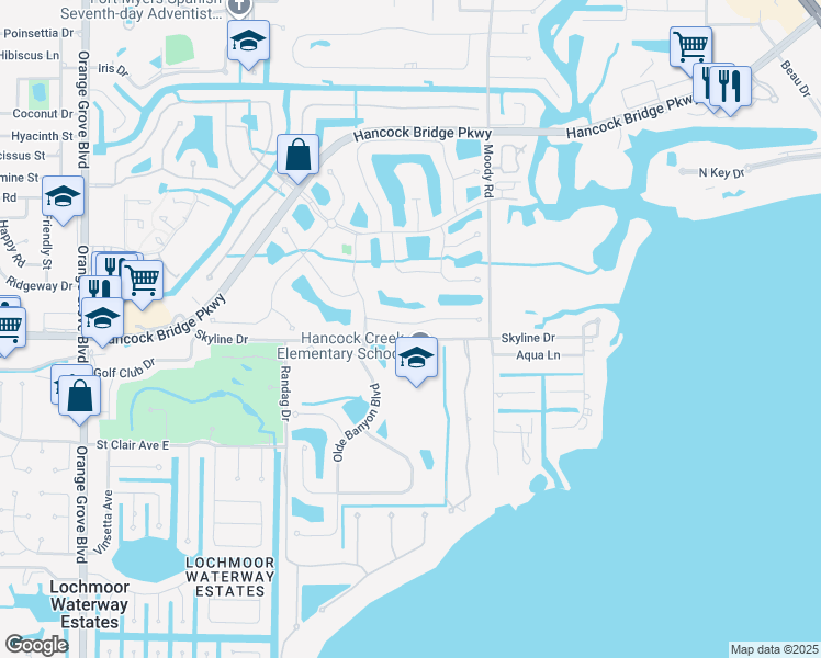 map of restaurants, bars, coffee shops, grocery stores, and more near 3180 Midship Drive in North Fort Myers
