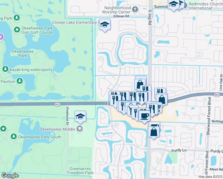 map of restaurants, bars, coffee shops, grocery stores, and more near 134 Olive Tree Circle in Greenacres