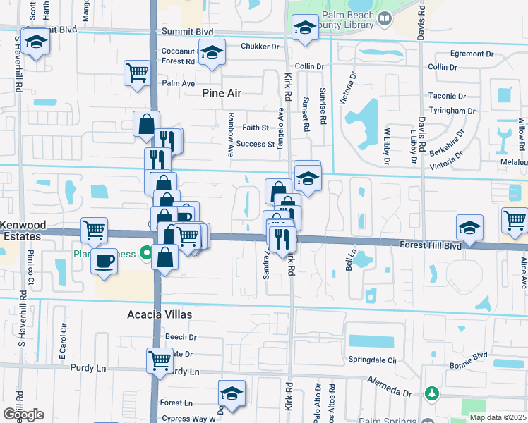 map of restaurants, bars, coffee shops, grocery stores, and more near 1590 Forest Lakes Circle in West Palm Beach