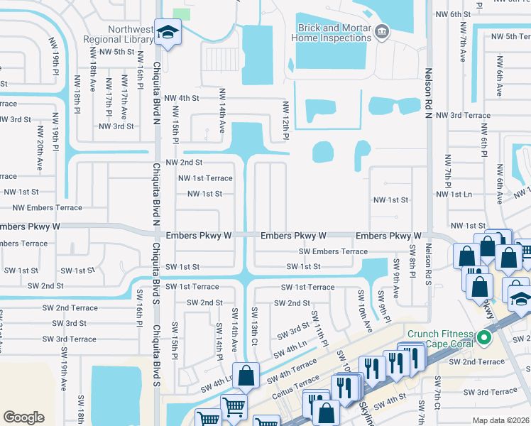 map of restaurants, bars, coffee shops, grocery stores, and more near 18 Northwest 13th Avenue in Cape Coral