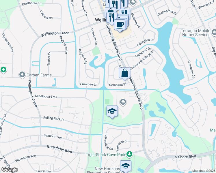 map of restaurants, bars, coffee shops, grocery stores, and more near 13866 Geranium Place in Wellington