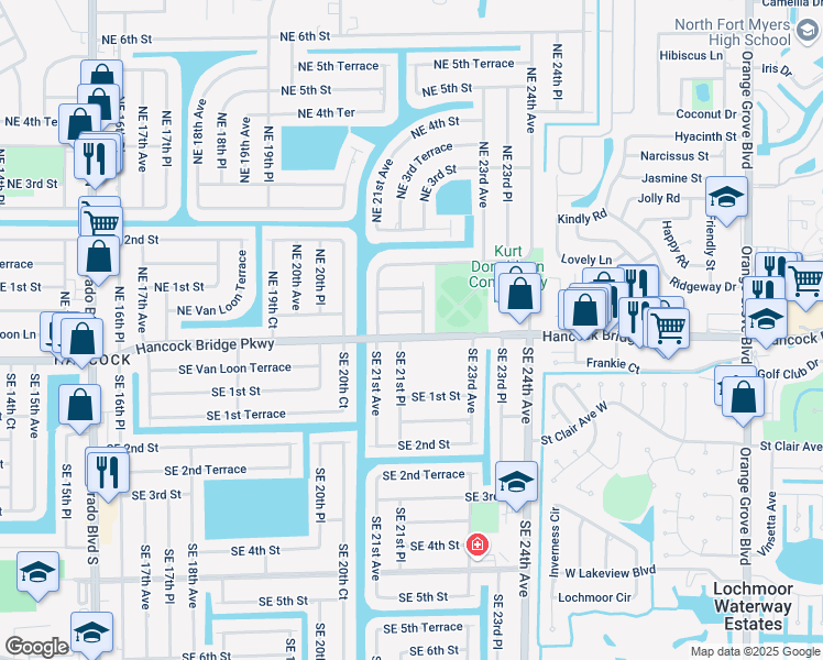 map of restaurants, bars, coffee shops, grocery stores, and more near 2119 Hancock Bridge Parkway in Cape Coral