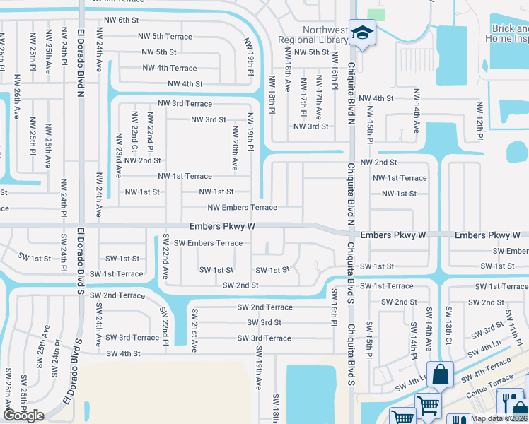 map of restaurants, bars, coffee shops, grocery stores, and more near 1823 Northwest Embers Terrace in Cape Coral