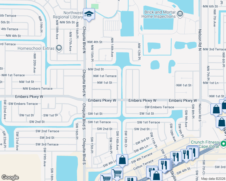 map of restaurants, bars, coffee shops, grocery stores, and more near 1411 Northwest Embers Terrace in Cape Coral