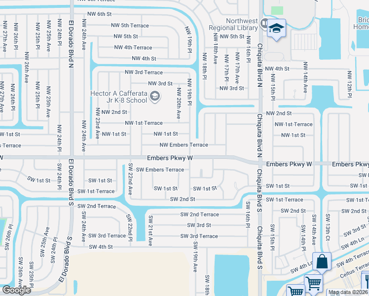 map of restaurants, bars, coffee shops, grocery stores, and more near 1904 Northwest Embers Terrace in Cape Coral