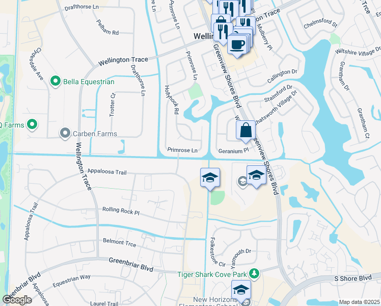 map of restaurants, bars, coffee shops, grocery stores, and more near 1875 Primrose Lane in Wellington