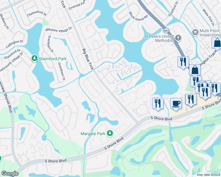 map of restaurants, bars, coffee shops, grocery stores, and more near 12725 Shoreline Drive in Wellington