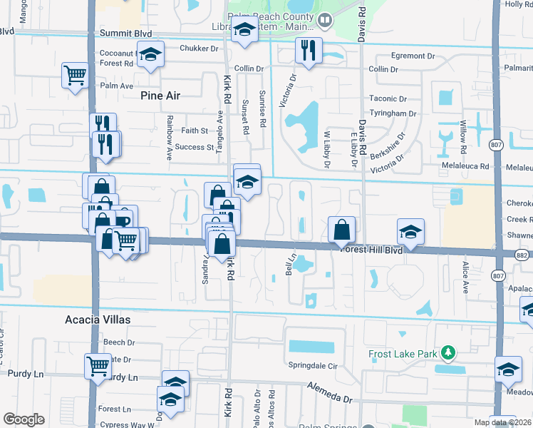 map of restaurants, bars, coffee shops, grocery stores, and more near 1493 Royal Forest Court in West Palm Beach