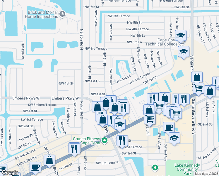 map of restaurants, bars, coffee shops, grocery stores, and more near 155 Northwest 6th Place in Cape Coral