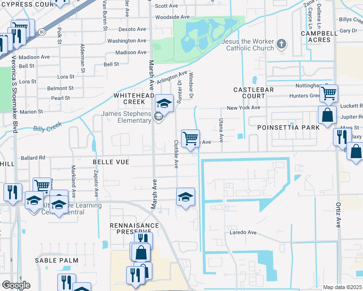 map of restaurants, bars, coffee shops, grocery stores, and more near 90 Diana Avenue in Fort Myers