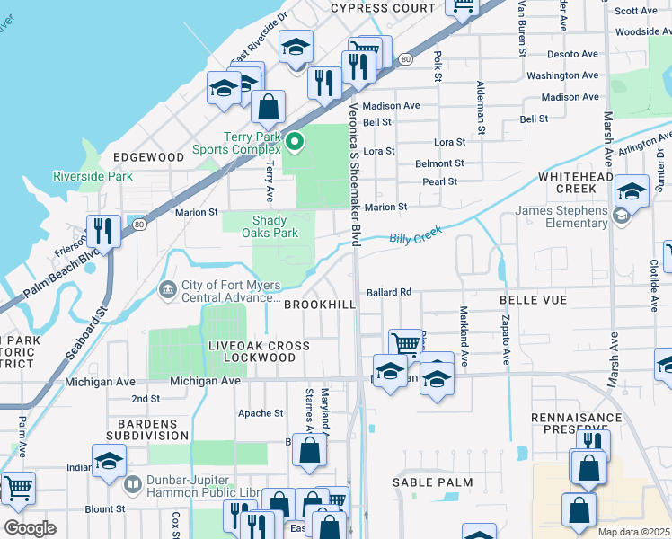 map of restaurants, bars, coffee shops, grocery stores, and more near 1330 Brookhill Drive in Fort Myers