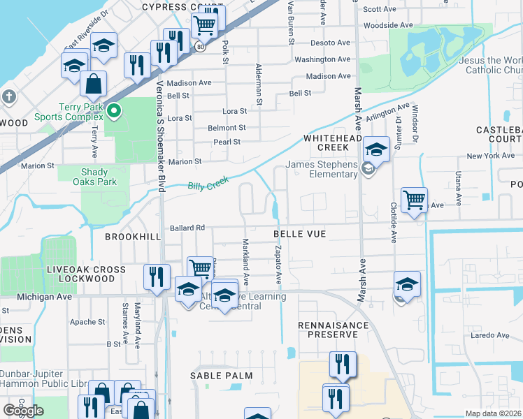 map of restaurants, bars, coffee shops, grocery stores, and more near 6169 Markland Avenue in Fort Myers