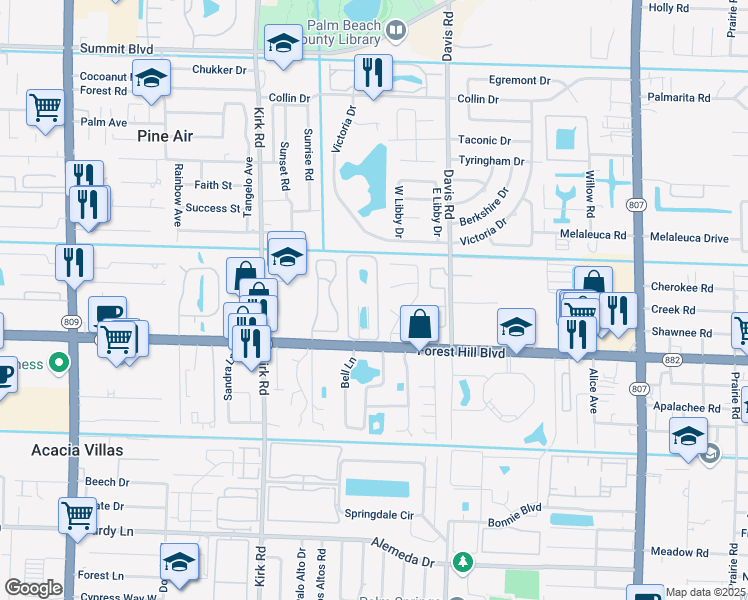map of restaurants, bars, coffee shops, grocery stores, and more near 1671 Woodbridge Lakes Circle in West Palm Beach