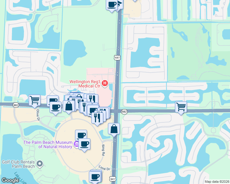 map of restaurants, bars, coffee shops, grocery stores, and more near 1821 South State Road 7 in Wellington