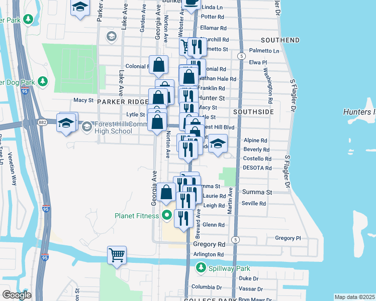 map of restaurants, bars, coffee shops, grocery stores, and more near 408 Maddock Street in West Palm Beach