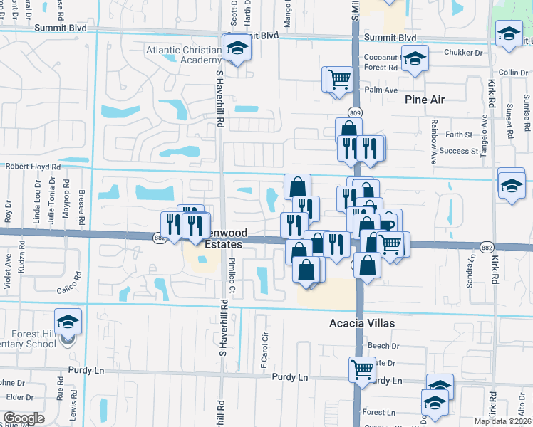 map of restaurants, bars, coffee shops, grocery stores, and more near 1642 Granfern Avenue in West Palm Beach