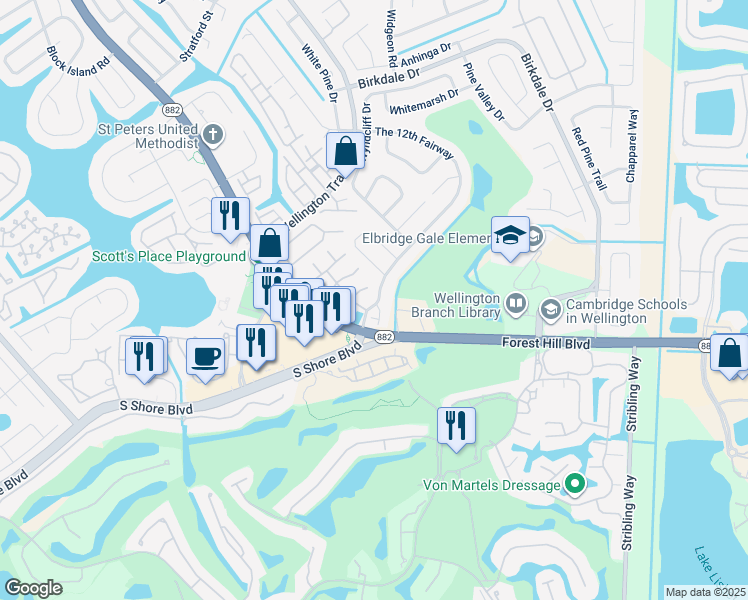 map of restaurants, bars, coffee shops, grocery stores, and more near 11815 Donlin Drive in Wellington
