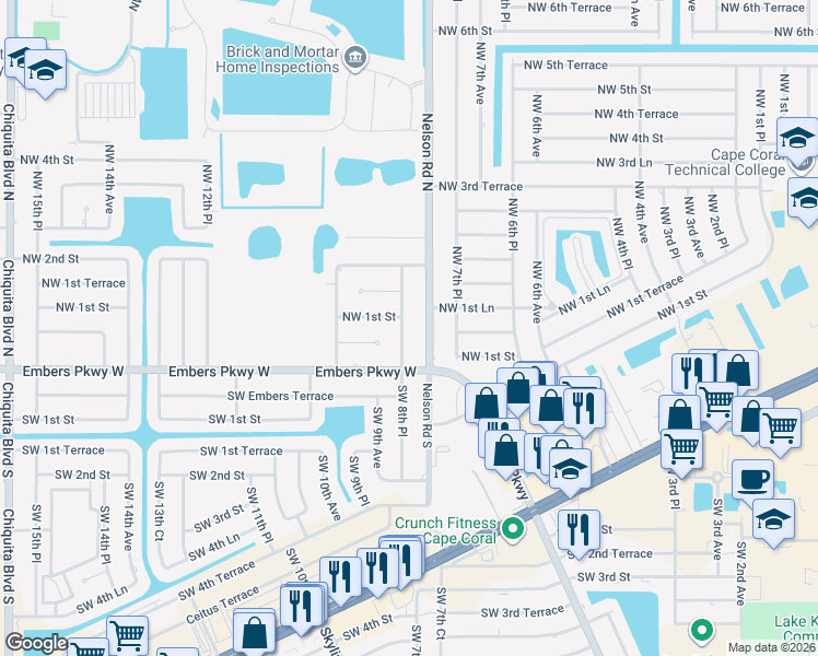map of restaurants, bars, coffee shops, grocery stores, and more near 27 Northwest 8th Place in Cape Coral