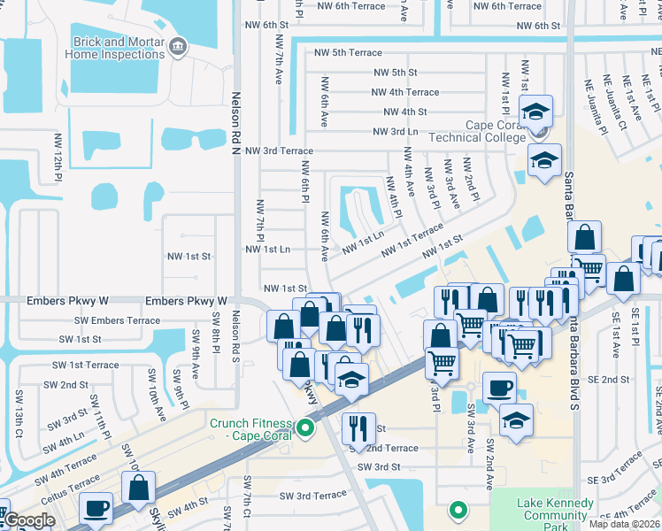 map of restaurants, bars, coffee shops, grocery stores, and more near 514 Northwest 1st Lane in Cape Coral
