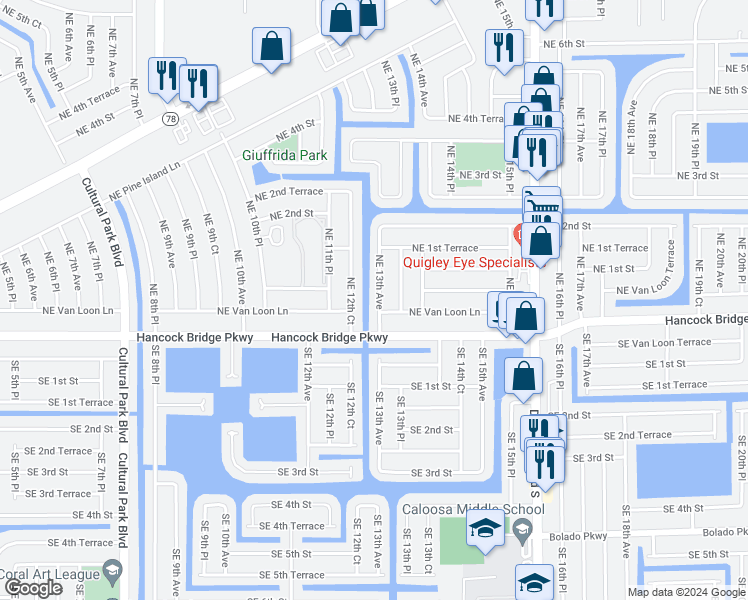 map of restaurants, bars, coffee shops, grocery stores, and more near 22 Northeast 13th Avenue in Cape Coral