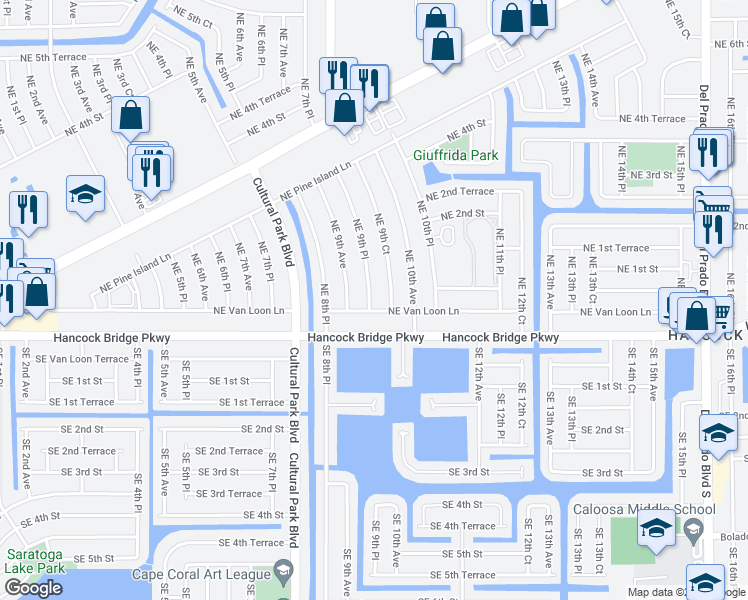 map of restaurants, bars, coffee shops, grocery stores, and more near 23 Northeast 9th Place in Cape Coral