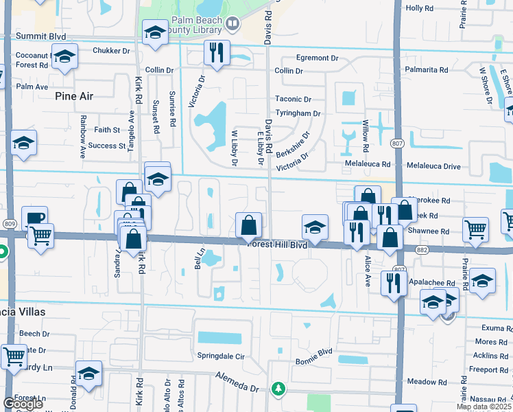 map of restaurants, bars, coffee shops, grocery stores, and more near 1604 Woods Bend Road in West Palm Beach