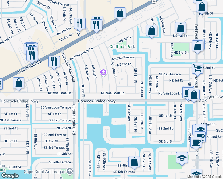 map of restaurants, bars, coffee shops, grocery stores, and more near 23 Northeast 10th Avenue in Cape Coral