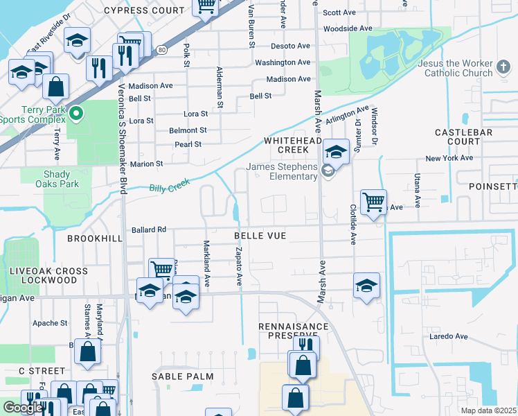 map of restaurants, bars, coffee shops, grocery stores, and more near 195 Charlotte Avenue in Fort Myers