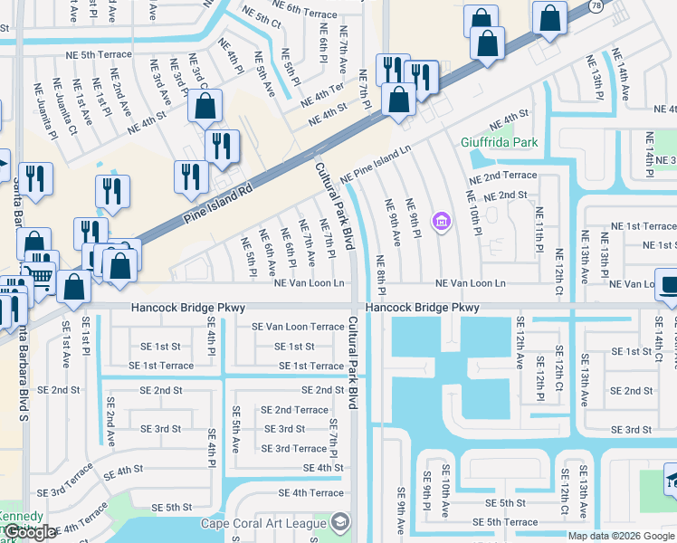 map of restaurants, bars, coffee shops, grocery stores, and more near 110 Northeast 7th Place in Cape Coral