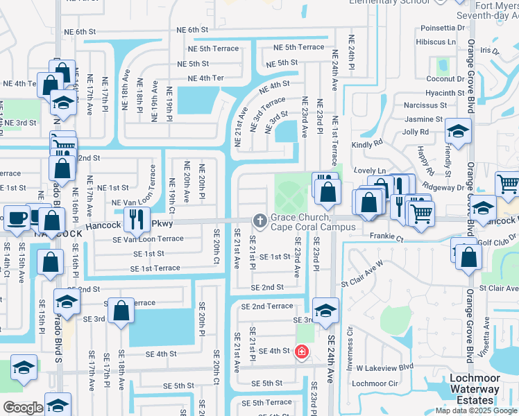 map of restaurants, bars, coffee shops, grocery stores, and more near 2120 Northeast Van Loon Terrace in Cape Coral
