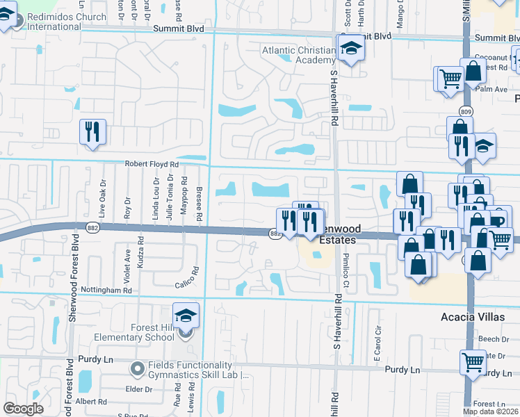 map of restaurants, bars, coffee shops, grocery stores, and more near 5334 Mendoza Street in West Palm Beach