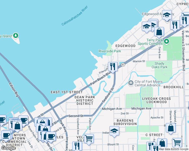 map of restaurants, bars, coffee shops, grocery stores, and more near in Fort Myers