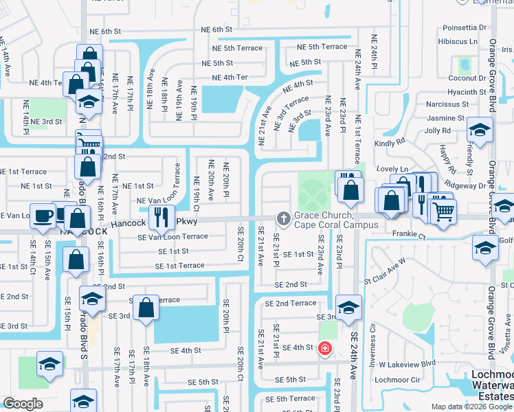 map of restaurants, bars, coffee shops, grocery stores, and more near 10 Northeast 21st Avenue in Cape Coral