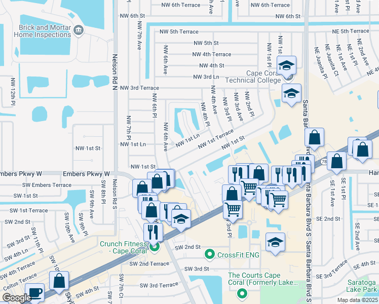 map of restaurants, bars, coffee shops, grocery stores, and more near 451 Northwest 1st Terrace in Cape Coral
