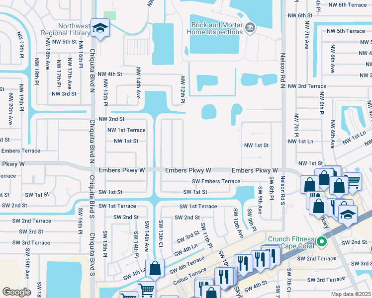 map of restaurants, bars, coffee shops, grocery stores, and more near 25 Northwest 12th Place in Cape Coral